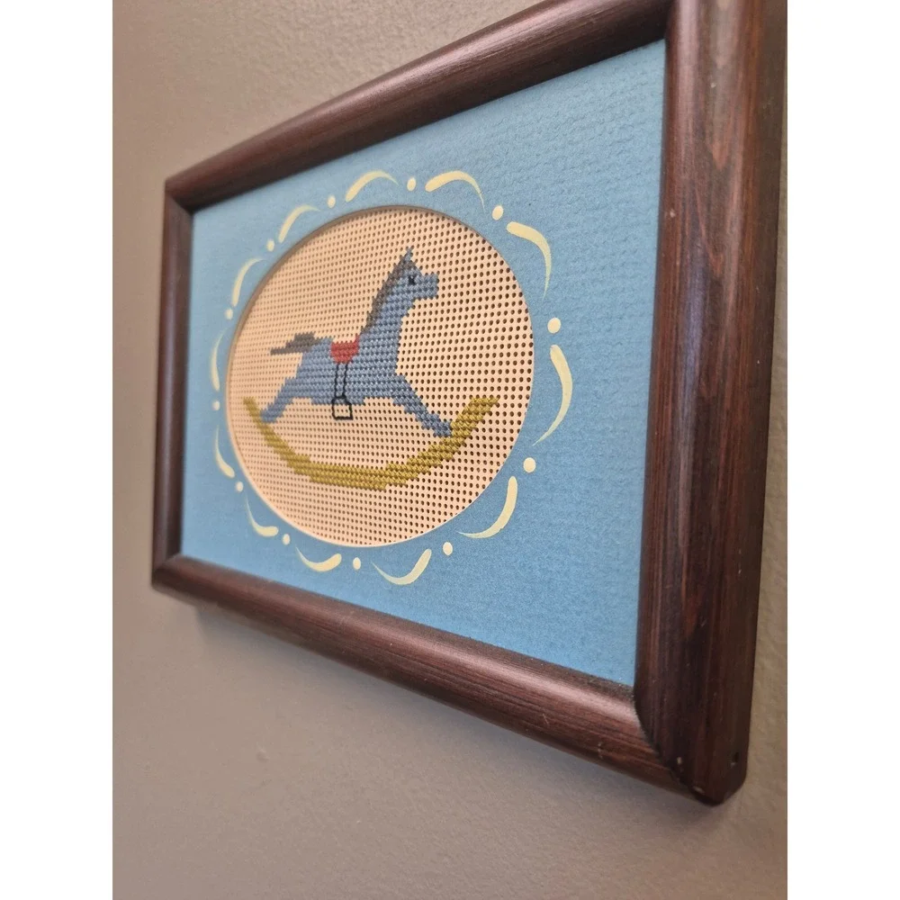 Vintage Rocking Horse Needlepoint Framed Wall Art Wood Frame Nursery Folk Decor